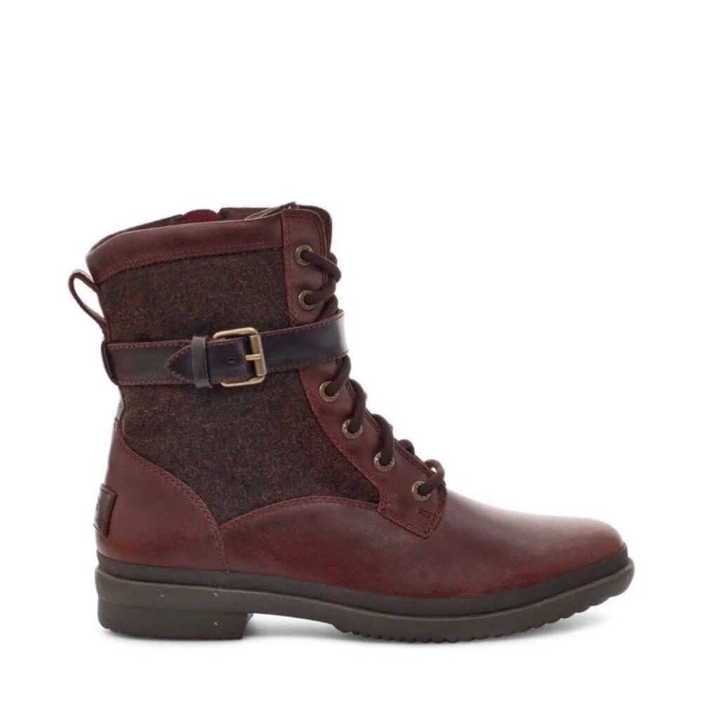 UGG Kesey Brown Leather Combat Winter Boots Lace Zip Size 8 GS